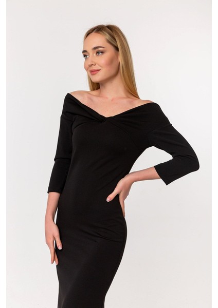 Madonna Burgu Yaka Scuba Krep Abiye Balık Elbise indirimleri