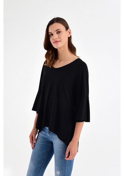 Kadın V Yaka ve Kolda Volan Detay Bluz fiyatları