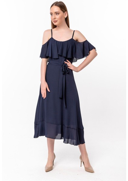 Yaka ve Etek Ucu Volan Detaylı Şifon Elbise