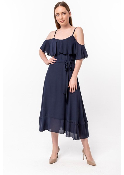 Yaka ve Etek Ucu Volan Detaylı Şifon Elbise fiyatları