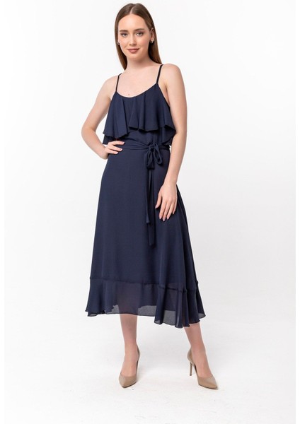 Yaka ve Etek Ucu Volan Detaylı Şifon Elbise modelleri