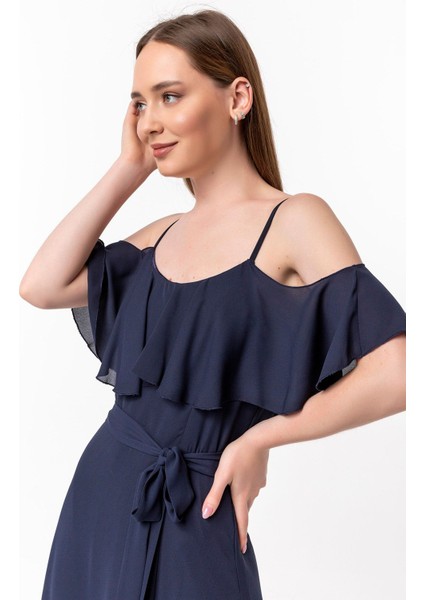 Yaka ve Etek Ucu Volan Detaylı Şifon Elbise fırsatları