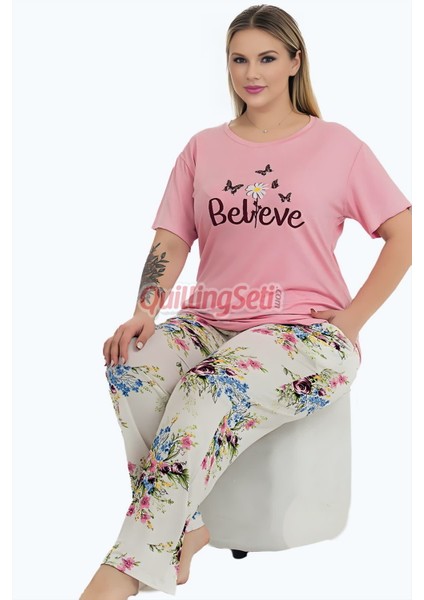 Pembe Renk ve Çiçekli 11005 Kısa Kollu Kadın Büyük Beden Anne Pijama Takımı