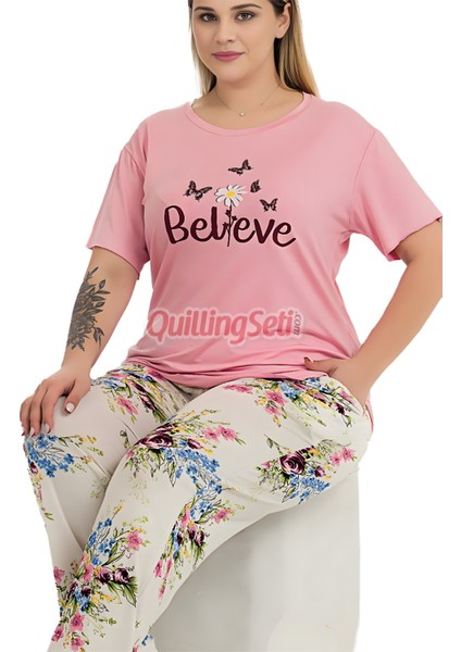 Pembe Renk ve Çiçekli 11005 Kısa Kollu Kadın Büyük Beden Anne Pijama Takımı modelleri