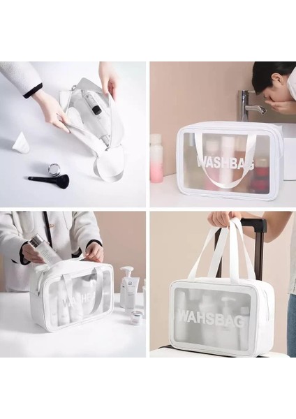 3'lü Kişisel Bakım Çantası - Şeffaf Su Geçirmez Makyaj Çantası - Waterproof Kozmetik Çantası - Şeffaf Kozmetik Çantası (S-M-L)