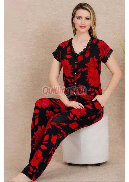 Kırmızı - Siyah Renk ve Çiçek Desenli Lady 12494 Pamuk Viskon Kadın Kısa Kol Pijama Takımı