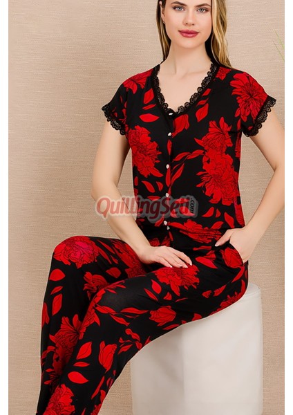 Kırmızı - Siyah Renk ve Çiçek Desenli Lady 12494 Pamuk Viskon Kadın Kısa Kol Pijama Takımı