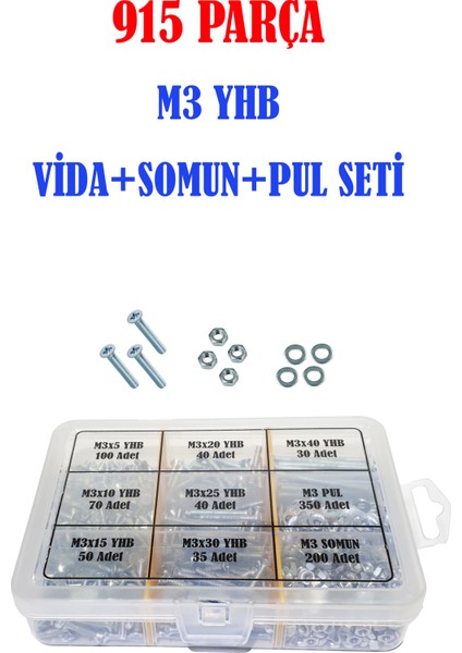 915 Parça M3 Yhb Civata+Somun+Pul Seti (M3 Yhb Vida Seti) Dın 965