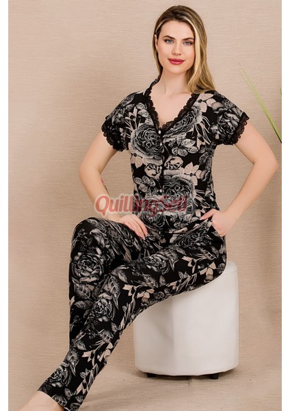 Siyah Renk ve Çiçek Desenli Lady 12499 Pamuk Viskon Kadın Kısa Kol Pijama Takımı