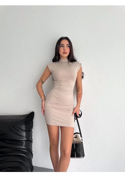 Yarım Bogazlı Kolsuz Mini Boy Elbise - Bej