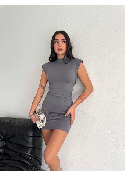 Yarım Bogazlı Kolsuz Mini Boy Elbise - Gri