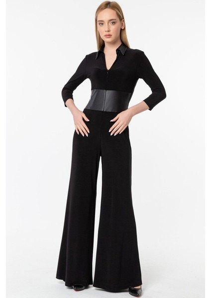 Gömlek Yaka Deri Detaylı Truvakar Kol Önden Fermuarlı Tulum