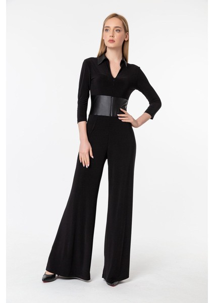 Gömlek Yaka Deri Detaylı Truvakar Kol Önden Fermuarlı Tulum fiyatları