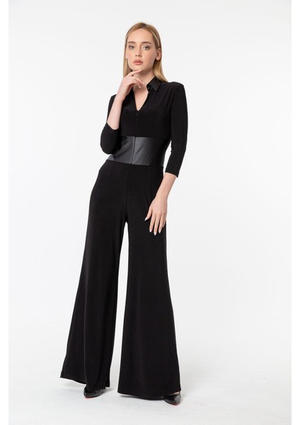 Gömlek Yaka Deri Detaylı Truvakar Kol Önden Fermuarlı Tulum modelleri