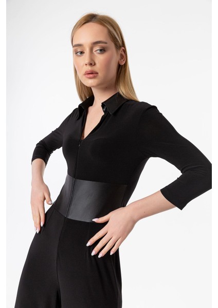 Gömlek Yaka Deri Detaylı Truvakar Kol Önden Fermuarlı Tulum indirimleri