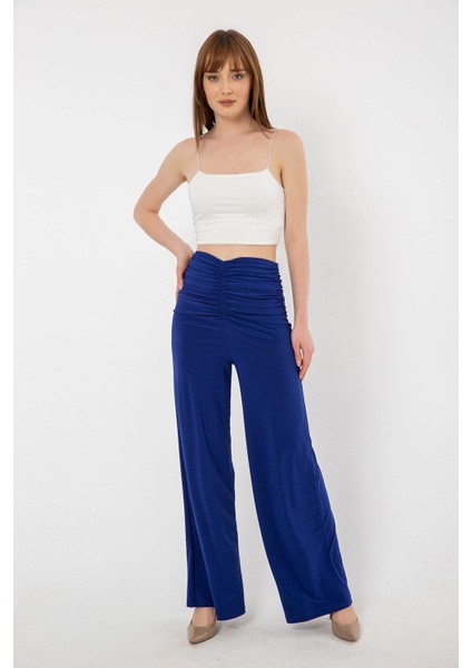 Korsaj Kısmı Büzgü Detaylı Bol Paça Yüksek Bel Pantolon modelleri