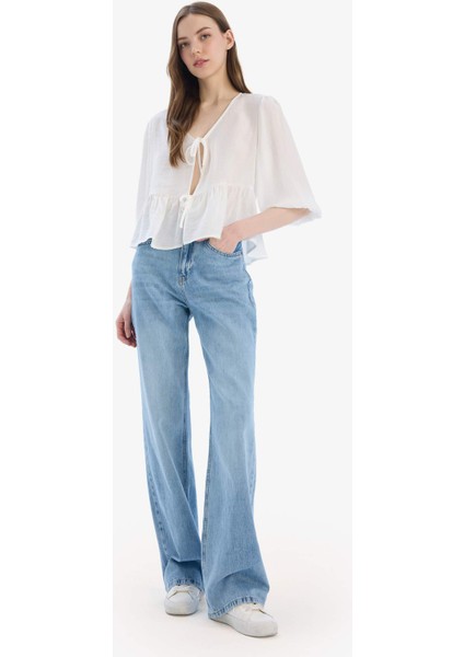 Straight Wide Yüksek Bel Uzun Jean Yıkamalı Pantolon E3190AX25SP