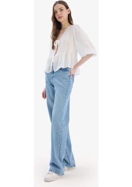 Straight Wide Yüksek Bel Uzun Jean Yıkamalı Pantolon E3190AX25SP