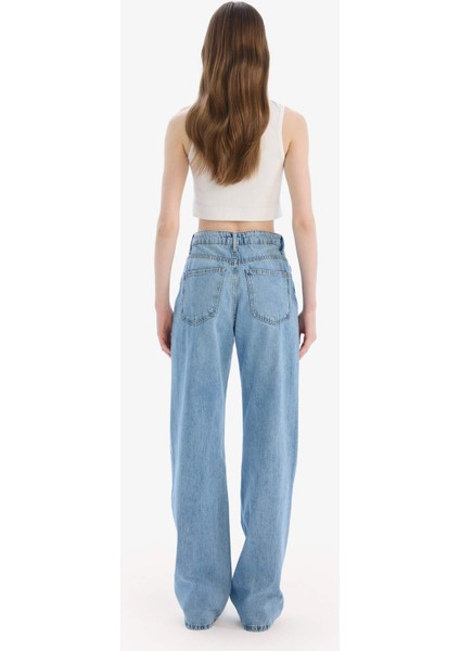 Straight Wide Yüksek Bel Uzun Jean Yıkamalı Pantolon E3190AX25SP