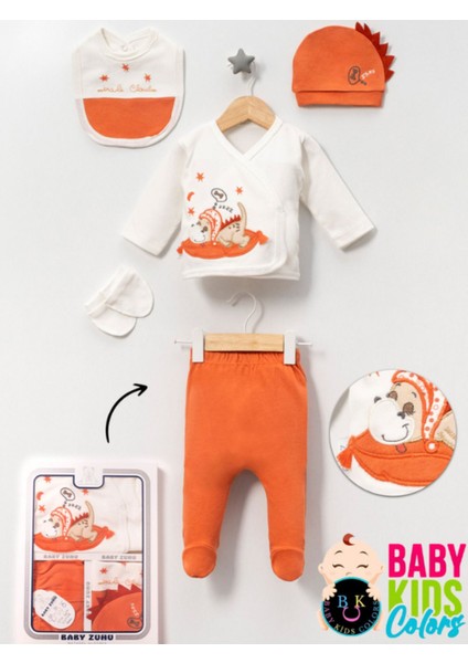 Kutulu - Erkek Yenidoğan Kıyafetleri 5'li Hastane Çıkış Setleri Sevimli Köpek Nakışlı %100 Pamuk