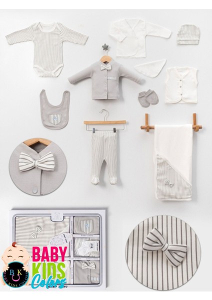 Lüks Papyon Çizgili Yeni Doğan Hastane Çıkış 10'lu Zıbın Seti (Kutulu)