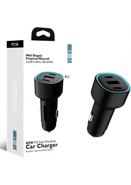 60W Pd Süper Hızlı Şarj Araç Içi Çakmaklık Şarj Aleti 2x Type-C 60W Pd 1x Usb3.0 18W