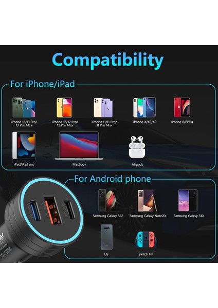 60W Pd Süper Hızlı Şarj Araç Içi Çakmaklık Şarj Aleti 2x Type-C 60W Pd 1x Usb3.0 18W
