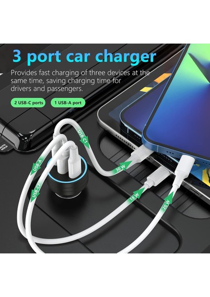 60W Pd Süper Hızlı Şarj Araç Içi Çakmaklık Şarj Aleti 2x Type-C 60W Pd 1x Usb3.0 18W