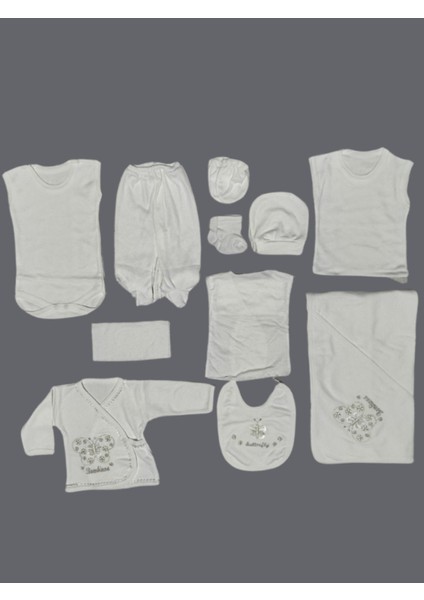 Unisex 11 Parca Yeni Doğan Hastane Çıkışı Zıbın Set Kelebek Nakışlı
