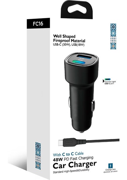 48W Pd Araç Içi Çakmaklık Hızlı Şarj Aleti 1x Type-C 30W Pd 1x Usb3.0 18W (Kablo Dahildir)