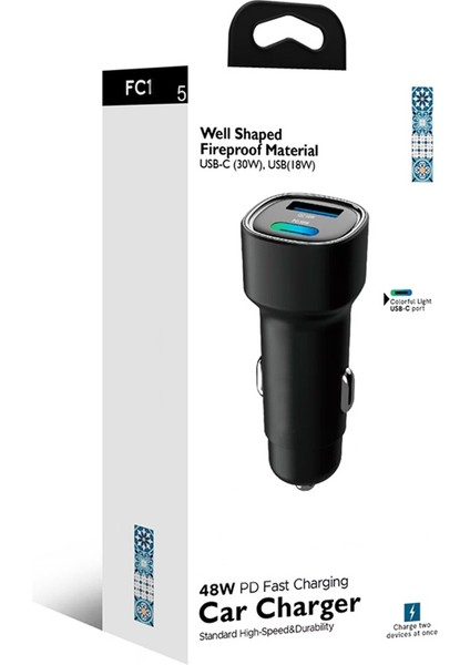 48W Pd Süper Hızlı Şarj Araç Içi Çakmaklık Şarj Aleti 1x Type-C 30W Pd 1x Usb3.0 18W