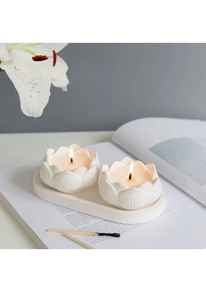 3'lü Dekoratif Lotus Mum ve Beyaz Tabak Seti