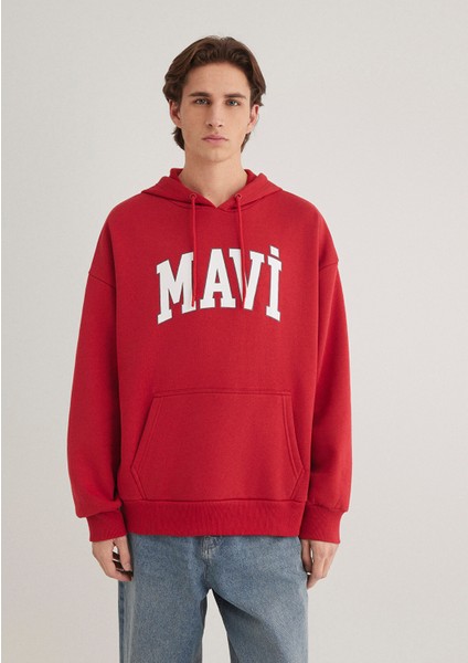 Mavi Logo Baskılı Kapüşonlu Kırmızı Sweatshirt 067149-86417