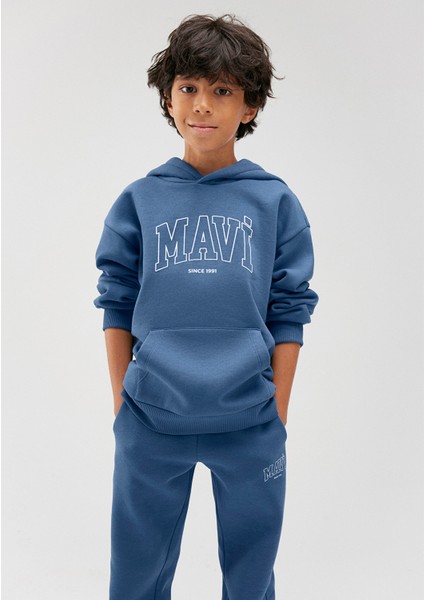 Logo Baskılı Kapüşonlu Mavi Sweatshirt 6S10052-70871