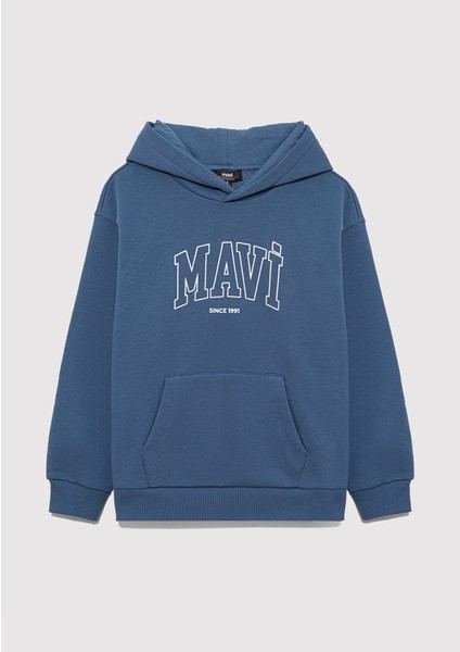 Logo Baskılı Kapüşonlu Mavi Sweatshirt 6S10052-70871