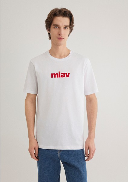 Kırmızı Miav Baskılı Beyaz Tişört 067153-622