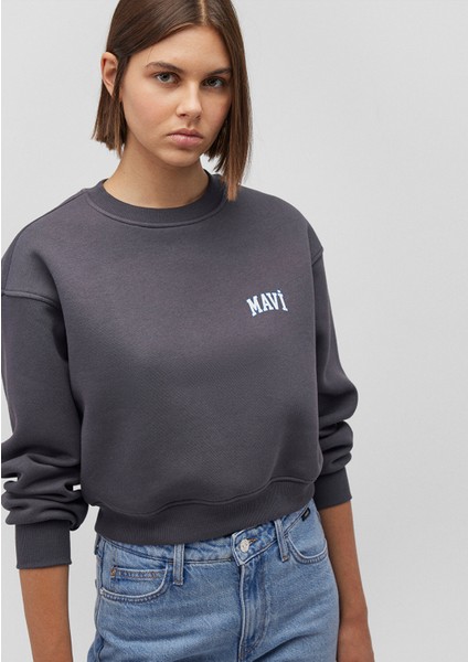 Logo Baskılı Antrasit Crop Sweatshirt 1611601-70763