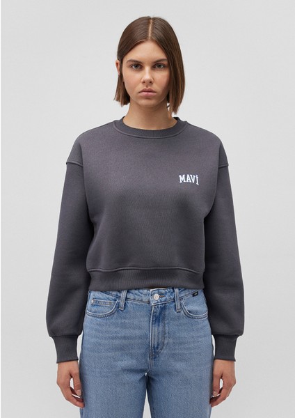 Logo Baskılı Antrasit Crop Sweatshirt 1611601-70763