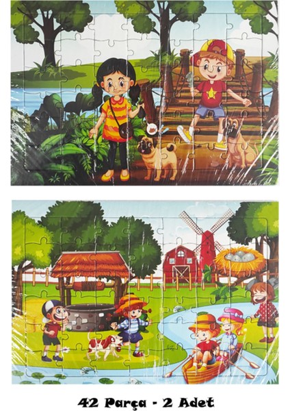 2 Adet 42 Parça Karton Yapboz Puzzle 4-5 Yaş - Su Kuyusu ve Tahta Köprü - 33 x 23 cm - 2