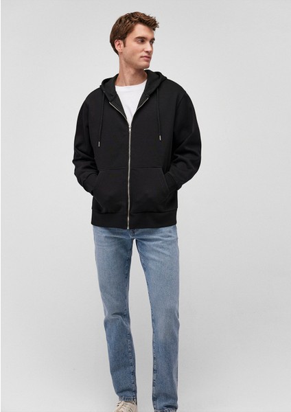 Kapüşonlu Fermuarlı Siyah Basic Sweatshirt 0S10277-900