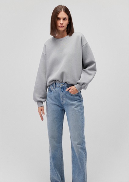 Bisiklet Yaka Gri Basic Sweatshirt 1610198-70093