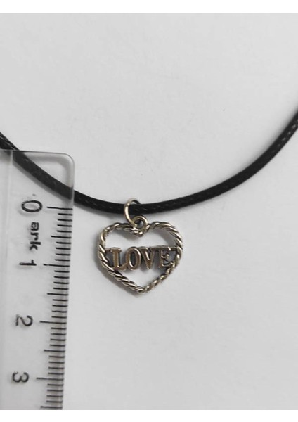 Siyah Deri Ipli Metal Love Kalp Kolye - Sevgililer Günü Doğum Günü Yılbaşı Hediyesi