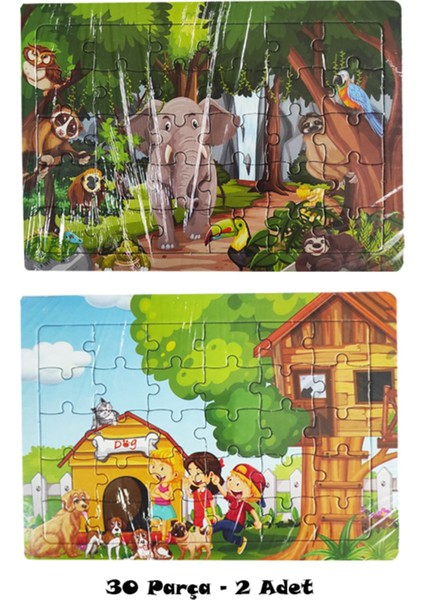 2 Adet 30 Parça Karton Yapboz Puzzle 4-5 Yaş - Orman ve Köpek Kulübesi - 27 x 19 cm -1