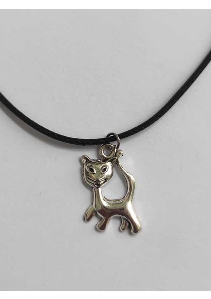 Siyah Deri Ipli Metal Kedi Objeli Kolye - Sevgililer Günü Doğum Günü Yılbaşı Hediyesi-Kadın Kolyesi