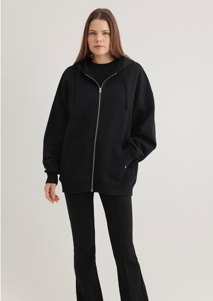 Kadın Kapüşonlu Fermuarlı Siyah Sweatshirt 1610221-900