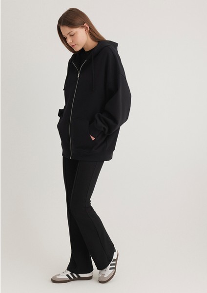 Kadın Kapüşonlu Fermuarlı Siyah Sweatshirt 1610221-900