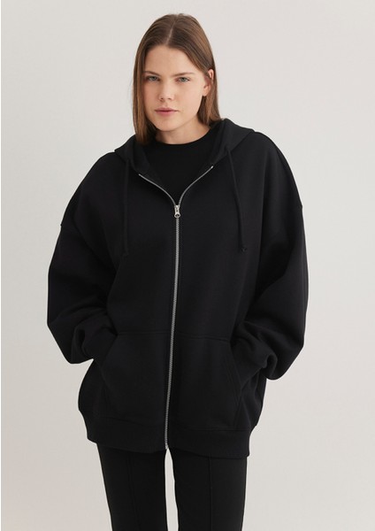 Kadın Kapüşonlu Fermuarlı Siyah Sweatshirt 1610221-900