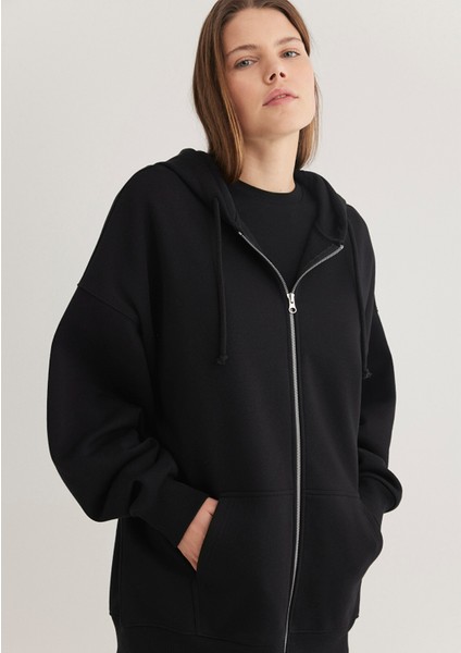 Kadın Kapüşonlu Fermuarlı Siyah Sweatshirt 1610221-900