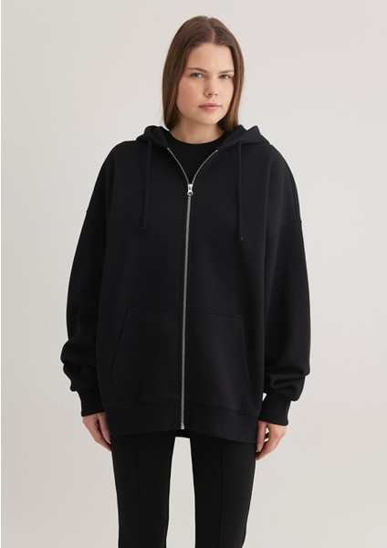 Kadın Kapüşonlu Fermuarlı Siyah Sweatshirt 1610221-900