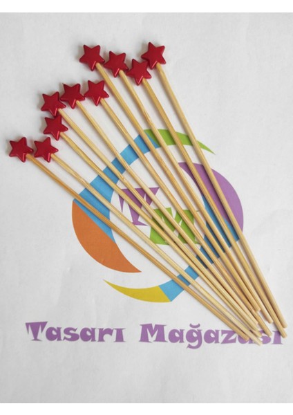 15 cm uzun kürdan - 30 adet dekoratif kırmızı yıldız boncuklu kokteyl karıştırıcı - yıldız 10 mm